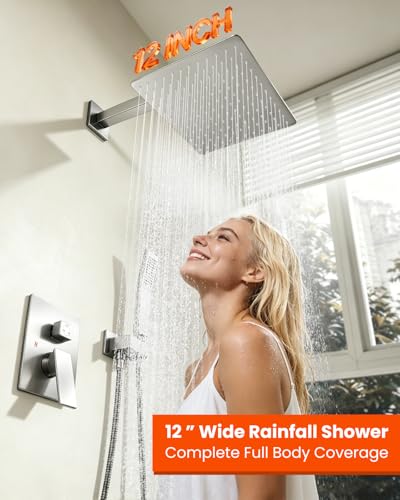 gotonovo Shower System with Tub Spout,Waterfall Tub Shower Faucet Set for Bathroom Head and Handle Set Wall Mounted 3 Function Rough-in Valve and Trim Included 12 inch Shower Head Brushed Nickel - color: Brushed Nickel, size: 12 inch Shower Head