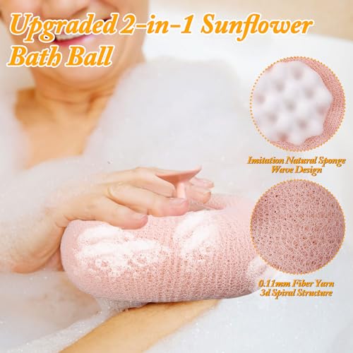 4Pcs New Upgrade 2-in-1 Sunflower Bath Ball, Ultra Soft Bath Sponge Cleaning Brush, Suction Cup Bath Ball with Finger Rings,Exfoliating Shower Loofah Sponges(Pink+Blue-Green+Beige+Purple) - style: Pink+Blue-Green+Beige+Purple