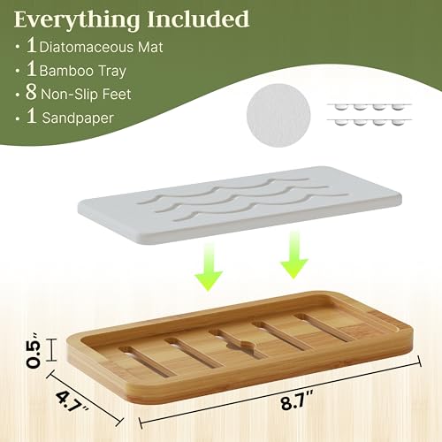 Water Absorbing Stone Tray for Sink, Kitchen Sink Caddy Organizer, Diatomite Bathroom Vanity Counter Tray, Soap Dispenser Sponge Holder, Fast Drying Stone Faucet Mat with Bamboo Tray - color: White
