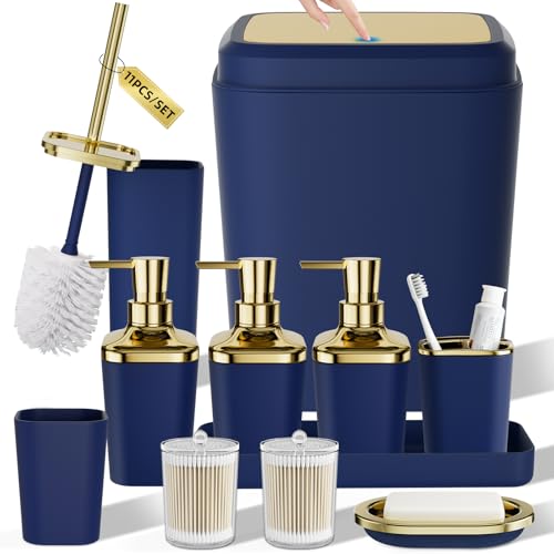 Bathroom Set - 11PC Bathroom Accessory Set, Bathroom Accessories Set, Blue Bathroom Set, Push-lid Trash Can, 3PC Soap Dispensers, Toilet Brush & Q-tip Holders - color: Navy Blue & Gold, size: Bath Set