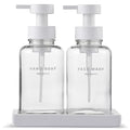 MaisoNovo Glass Foaming Soap Dispenser 14 Oz | Glass Bottles Pumps x 2 Clear with Tray - color: Clear Bottles/White Plastic Pumps/Ceramic Tray