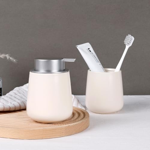 BosilunLife Hand Soap Dispenser - Beige & Grey 12Oz Ceramic Soap Dispenser Bathroom Refillable Liquid Dispenser for Dish Soap with Easy-to-Press Pump - color: Beige With Silver Pump
