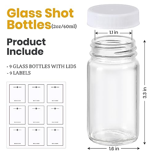 9 Pack 2 oz Glass Shot Bottles w/ White Lids & 9 Labels - Small Clear Jar for Ginger, Wellness Shot, Juice, Sample, Whiskey - Travel Essentials Mini Bottles - Wide Mouth, Leakproof, Dishwasher Safe - color: White Lids, size: 2oz-9 pack