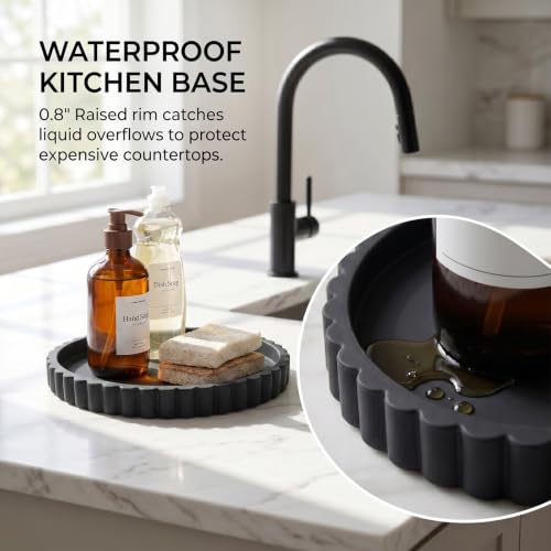 Round Silicone Vanity Tray Matte Black 12 Inch Scalloped Organizer | Decorative Tray for Bathroom Counter, Perfume Candle Soap Makeup Vanity Centerpiece Dresser Living Room Decor-12 x 12 x 0.8" - size: 12"