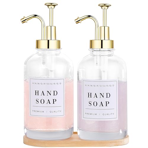 Glass Soap Dispenser with Pump,Tray,Funnel, Countertop Soap and Lotion Dispenser Set of 2 with 60 Stickers, Dish and Hand Soap Dispenser Bottle for Kitchen,Bathroom,Shower,500ml/16.9oz - color: Blk-5010-2g