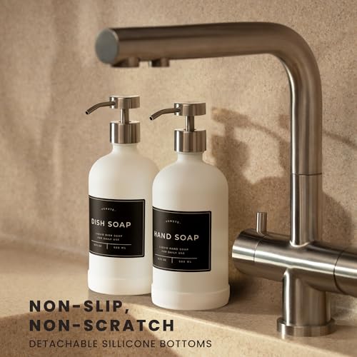 Hand and Dish Soap Dispenser for Kitchen and Bathroom, Set of 2 16 Oz Glass Bottles, Stainless Steel Pumps, Non-Slip Silicone Base, 27 Waterproof Labels (Matte White Bottle/Brushed Silver Pump) - color: Matte White Bottle / Brushed Silver Pump