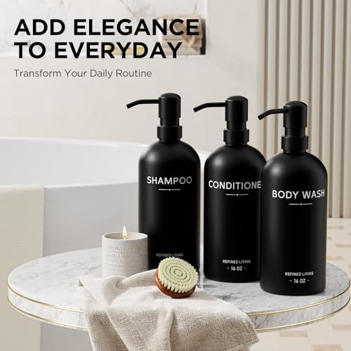 Shampoo and Conditioner Dispenser Set,3 Refillable 16oz Bottles with Stainless Steel Pumps – Shower Soap Dispensers for Bathroom, Hotel or Airbnb (Black, 3-Pack) - color: Black