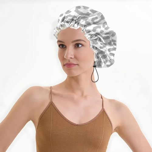 Luxury Shower Cap Satin Lined Reusable Waterproof Double Layer Elastic Adjustable Hair Bath Cap Cute Aesthetic Women Girls-White Leopard - color: F13-White Leopard