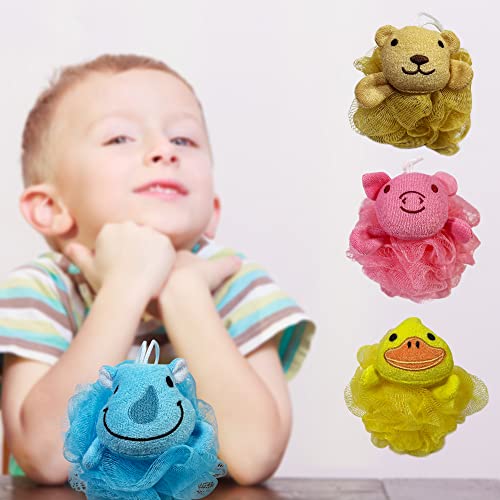 (4 Pack) Lovely Animal Design Kids Exfoliating Bath Scrubber Body Scrubber Shower Ball for Baby Toddler Kids Gentle Exfoliating Bath Sponge Loofah Pouf in Colorful Design (Joyful TERRICOLE) - style: joyful TERRICOLE