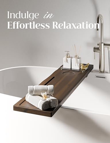 Tinamo Acacia Bathtub Tray Caddy with Adjustable Legs - Bath Tub Tray for Freestanding Tubs - 39x9.75 Inch Large Wooden Anti-Tipping Tub Tray for Bathtub with Accessories Holders (Walnut, 39x9.75) | Acacia Wood, Adjustable Width, 39" x 9.8" x 2.5", Multi-