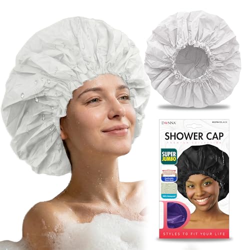 DONNA Super Jumbo Shower Cap – Comfortable Elastic Band, 100% Waterproof Hair Cap for Long Hair, Braids & Thick Styles, Reusable Big Shower Cap for Women, Keeps Hair Dry & Protected, WHITE - color: WHITE