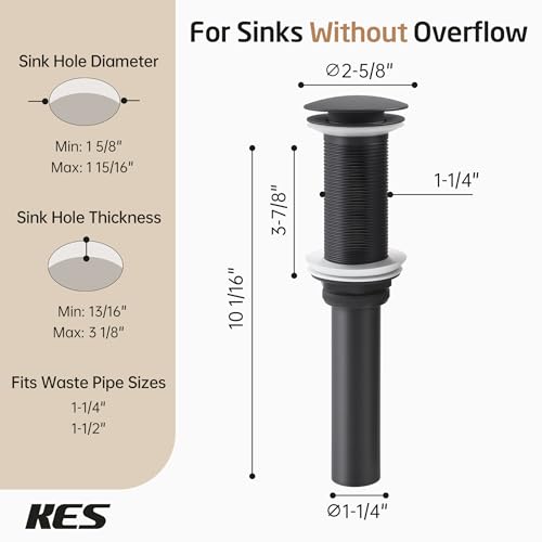 KES Bathroom Sink Drain with Extended Thread, All Metal Pop Up Drain Stopper without Overflow for Thicker Vessel Sinks and Countertops, Brass and Stainless Steel Matte Black, S2022D-BK - color: Matte Black, style: NO Overflow, Long Thread
