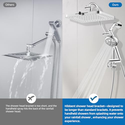Hibbent cUPC Certified 13'' Shower Head Combo, High Pressure 5 Spray White Rainfall Showerhead, 10 Spray Handheld, All Metal Easy Reach 4-way Diverter Arm with Pause Mode, 71'' Hose and Holder, Chrome - color: White, style: Square 13"