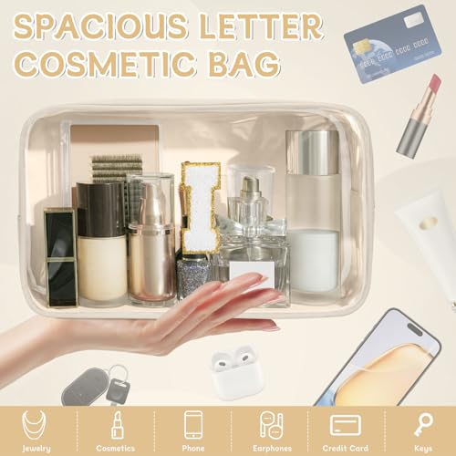 Initial Clear Makeup Bag, Birthday Gift Preppy Chenille Patch Cosmetic Bag, Initial Travel Essentials Beach Toiletry Pouch, Ideal Gift for Teachers & Moms, Women and Girls (Beige, I) - color: Beige, style: I