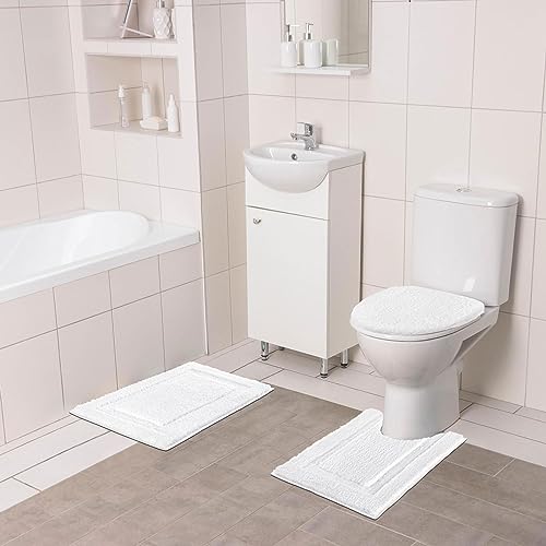 SHACOS White Bathroom Rugs Sets 3 Piece, Non Slip Soft Absorbent 16"x24" | Small Microfiber Bath Mat with Toilet Lid Cover, Shaggy Carpet U-Shaped Contour Toilet Rug, Machine Washable - color: White, size: 16"x24"+U-Shape 20"x24"+Lid Cover 19"x21"