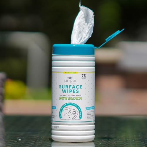 Juniper CLEAN 4 Pack Surface Cleaning Wipes with Bleach, All-Purpose Cleaner for Bathroom, Kitchen, Office, 300 Count Canister, 7.5" x 7" Sheet, Fresh Scent, Lint Free & Durable - size: 75 Count (Pack of 4)