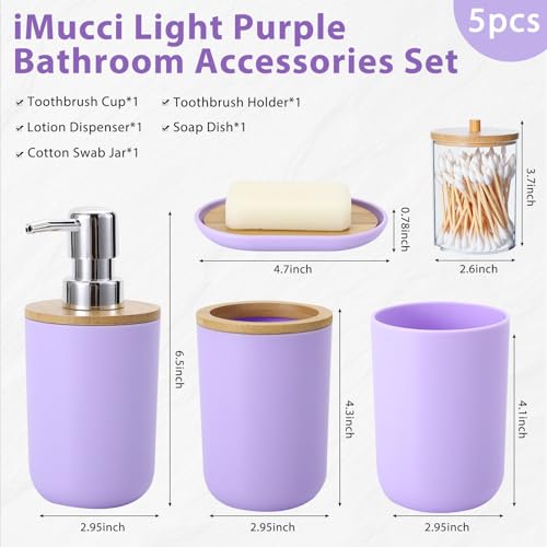 iMucci Bathroom Accessories Set 5Piece Light Purple Bathroom Sets, Toothbrush Holder, Toothbrush Cup, Lotion Soap Dispenser, Soap Dish and Qtip Holder Bathroom Decor - style: Light Purple