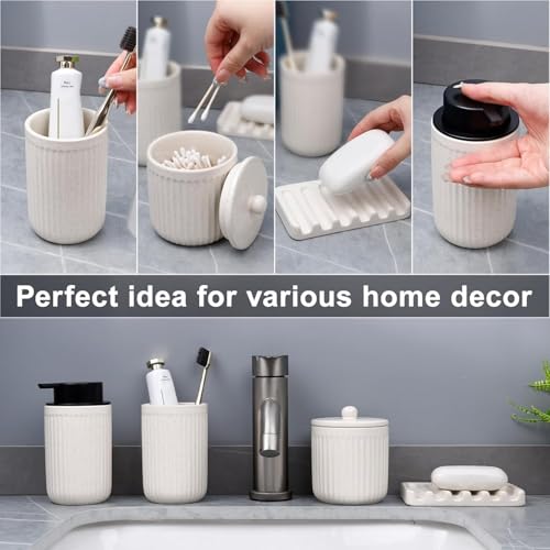 BosilunLife Beige Bathroom Accessories Set - Ceramic Bathroom Counter Soap Set Bathroom Decor Sets Accessories Bathroom Lotion Soap Dispenser and Toothbrush Holder Set, Soap Dish, Apothecary Jars - color: Beige-foam