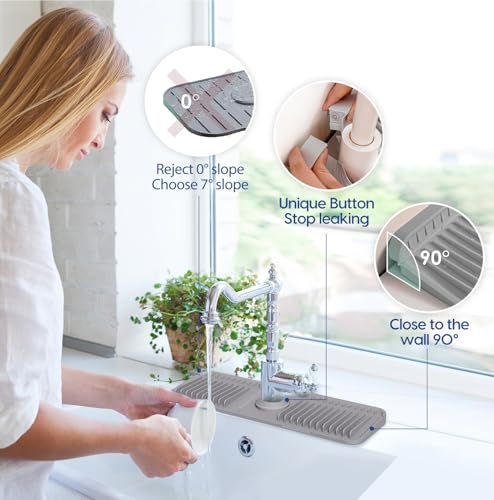 17.7 Inch Silicone Faucet Mat for Kitchen Sink Splash Guard - 7° Slope Upgraded Water Draining Mat with Fasten Button for Bathroom Area (Gray, 17.7''x5.5'') - color: Gray, size: 17.7''x5.5''