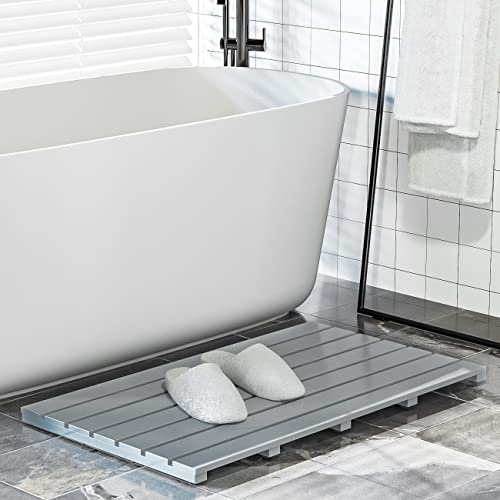 Bamboo Wooden Bath Floor Mat for Luxury Shower - Non-Slip Bathroom Waterproof Carpet for Indoor or Outdoor Use (Bluish Grey,31.3 x 18.1 x 1.5 Inches) - color: Grey, size: 31.3" x 18.1" (Rectangular)