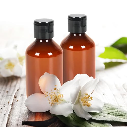 TRENDBOX Travel Size Amber Bottles with Flip Cap - 12 Pack 3.4oz Leak Proof Dispenser Containers for Toiletries, Essential Oils & Shampoo - Set of Small Empty Plastic Bottles