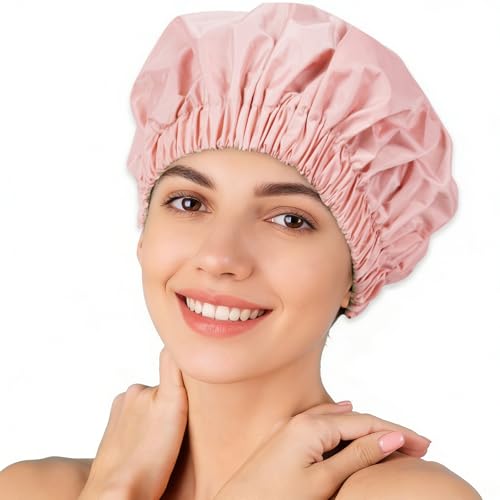 Reusable Shower Cap for Women – Large Waterproof Satin Shower Bonnet for Long, Curly & Braided Hair, Washable Bath Hair Cover, Pink - color: Pink