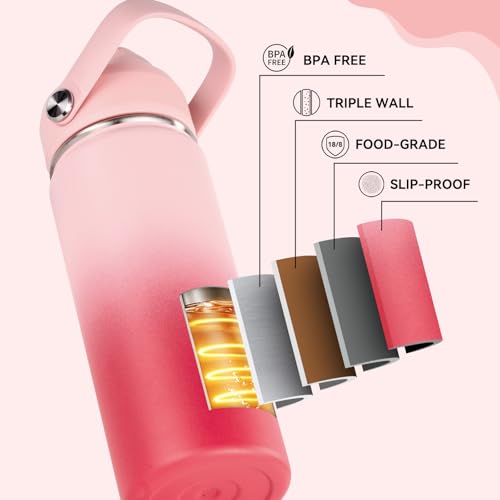 Fijinhom 18oz Insulated Stainless Steel Water Bottle, Wide Mouth Double Wall Vacuum, Silicone Straw, Sweat & Leak Proof, BPA Free Insulated Water Flask for Travel, Keep Cold 24h Hot 12h, Pink Gradient - color: Pink Gradient, size: 18 Ounces
