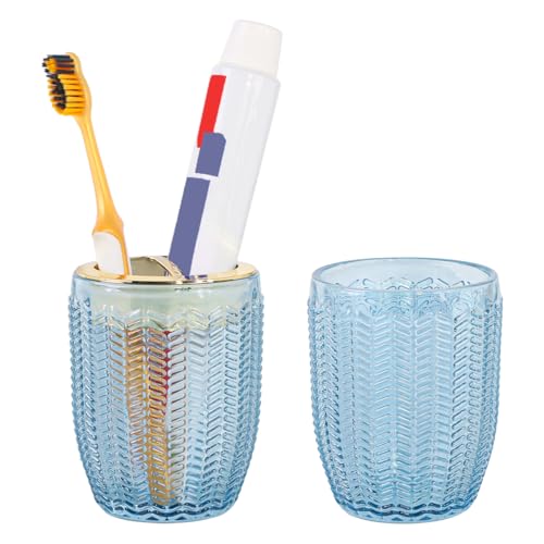 Toothbrush Holders for Bathrooms, Blue Glass Toothbrush Holder with Gold Divider, 10oz Bathroom Tumbler and Mouthwash Cup, Bathroom Storage Cup for Tooth Brush, Toothpaste and Makeup Brush