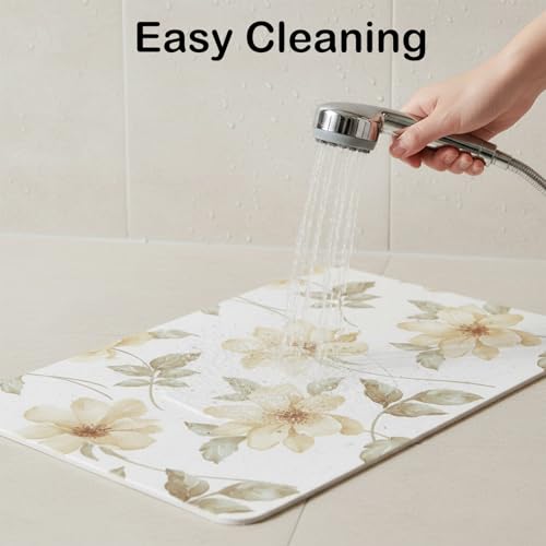 4 Pcs Diatomaceous Earth Stone Bath Mat Set, Non-Slip Super Absorbent Shower Mat (24"x16") with Stone Soap Dish & 2 Coasters, for Bathroom Floor, Vanity Counter & Kitchen Counter, Beige