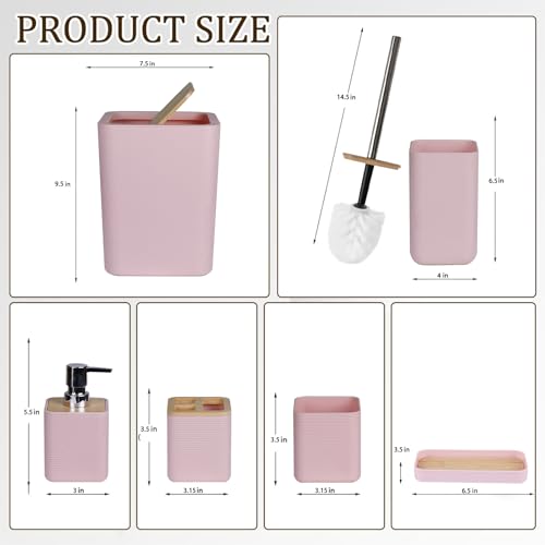 CERBIOR Bamboo Bathroom Accessories Set 6 Piece Bath Ensemble（Pink） | Includes Soap Dispenser, Toothbrush Holder, Toothbrush Cup, Soap Dish for Decorative Countertop and Housewarming Gift (Pink) - size: Complete Set, style: Pink