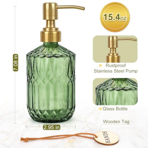 Green Glass Soap Dispenser (15.4 Oz, 2 Pack), Kitchen Hand and Dish Soap Dispenser Set with Golden Rust Proof Pump, Vintage Bathroom Hand Soap Lotion Dispensers - color: Green+golden Pump