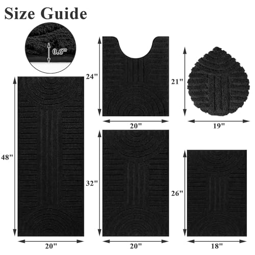 SHACOS Bathroom Rugs Sets 5 Piece Ultra Soft Absorbent Microfiber | Bath Mat with Bath Runner, U Shape Contour Rug, Toilet Lid Cover, Non Slip Machine Washable Carpet for Bedroom, Black - color: Black