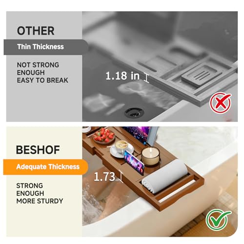 Foldable Bathtub Caddy Tray, Bamboo Bath Tub Tray Table for Tub with Wine Glass Holder Book Phone Tablet Holder with Extending Sides, Adjustable Bathroom Bathtub Free Soap Holder Gift Idea (Walnut) - color: Walnut