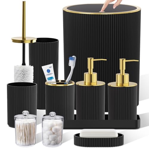 Black Gold Bathroom Accessories Set, 10PC Bathroom Set, Bath Accessory with Pop Up Trash Can, Soap Dispenser, Toilet Brush, Toothbrush Set Qtip Holders & Tray - color: Black & Gold, size: 10-Piece Set (Accessories Only)