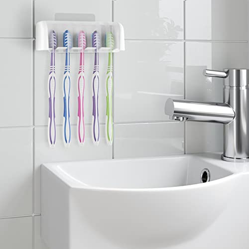 2 Pack 5 Slots Wall Mount Toothbrush Holder with Cover, Self Adhesive Toothbrush Storage Organizer for Shower, Toothbrush Hanger for Bathroom, Medicine Cabinet, Dorm - color: White 2 Pack