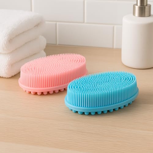 Silicone Body Scrubber Set, 2 Pack Shower Exfoliating Brushes, Pink and Blue