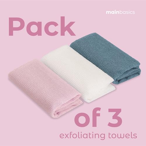 MainBasics Japanese Deep Exfoliating Shower Towel, 3 Pack, Airy Blossom | Japanese Nylon, Body Washcloth, Textured for Effective Exfoliation, Quick-Dry, Durable, Helps Reveal Smoother Skin - color: Airy Blossom