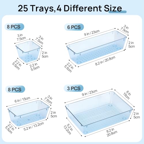 Vtopmart 25 PCS Plastic Drawer Organizers Set, 4-Size Versatile Bathroom and Vanity Drawer Organizer Trays, Storage Bins for Makeup, Bedroom, Kitchen Gadgets Utensils and Office - color: Clear Blue