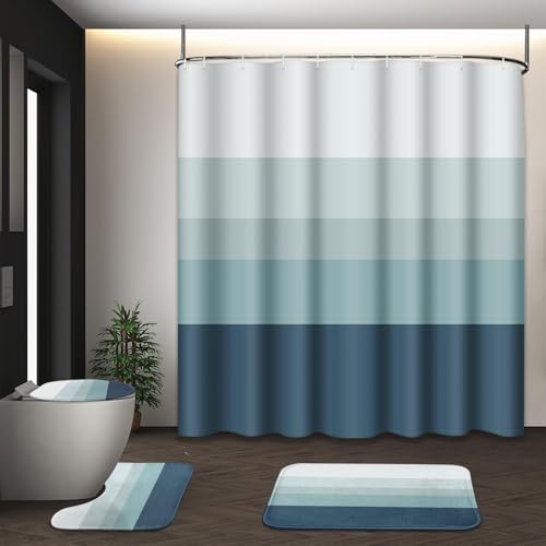 Striped Blue Shower Curtain Set with Toilet Lid Cover and Non-Slip Rugs for Bathroom, Minimalist Neutral Ombre 4 Pcs Shower Curtain, Modern Bathroom Set with 12 Hooks - color: Ombre Blue