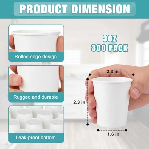 300 Pack 3 oz Paper Cups - Disposable Bathroom Cups for Mouthwash, Rinsing, & Dental Care | Also Ideal as Small Coffee Cups, Espresso Cups | Sturdy Paper Construction, Leak Resistant - size: 300pack