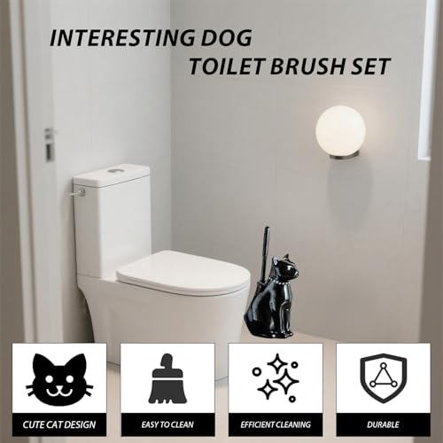 Comeon Ceramic Cat White/Black Toilet Brush and Holder Set, Plastic Handled Scrub Brush for Bathroom Cleaning,10.63"*6.3" (Black) - color: Black, size: Cat