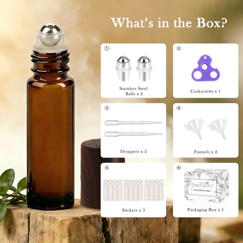 PrettyCare 12 Pack, 10 ml Essential Oil Roller Bottles with Stainless Steel Roller Ball - Refillable Leak-proof Empty Thick Amber Glass Roll on Bottles with Wooden Caps for Travel, Perfume - color: Amber with Wooden Cap, size: 12 Pack