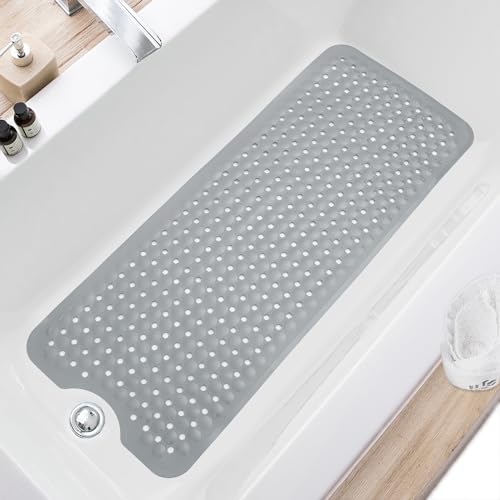 TEESHLY Bath Tub and Shower Mats, Non Slip 40 x 16 Inch Extra Large Bathtub Mat, Machine Washable Bathmat with Drain Holes, Suction Cups for Bathroom Floor, Gray - color: Gray