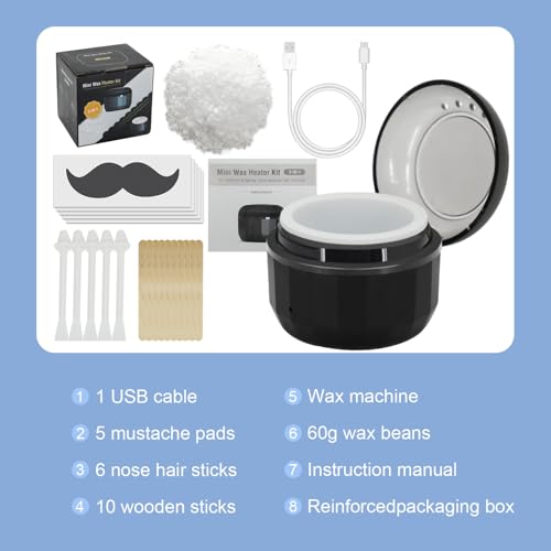 Nose Wax Kit for Men – 50g Nose & Ear Hair Removal Wax, USB Fast Heat, Smart Temp, 10 Sticks, Painless & Easy Grooming Kit with Full Accessories (Black)