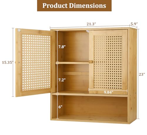 Bamboo Cabinet Wall Mount, Rattan Medicine Cabinet with Shelves and Doors, Wall Cabinet Above Toilet, Storage Organizer for Laundry Room, Kitchen, Living Room - color: Rattan