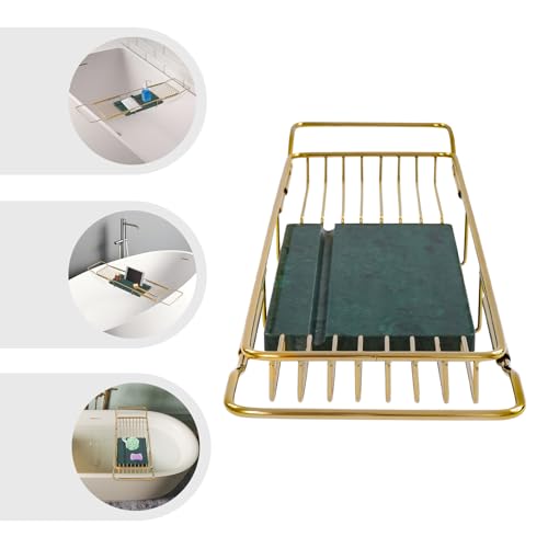 Expandable Bathtub Tray Caddy Shelf with Marble Table Mobile/Tablet Stand, Luxury Bath Tub Tray Rack, Bathroom Home Spa Shower Accessories Perfect Relaxing Spa Gifts for Women and Towel
