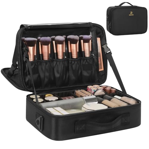 Relavel Makeup Bag Train Case for Women Travel Cosmetic Organizer with Adjustable Dividers and Brush Compartment, Large Storage Box for Cosmetics, Toiletries, Nail Polish, Jewelry, Electronic (Black) - color: Black, size: Medium