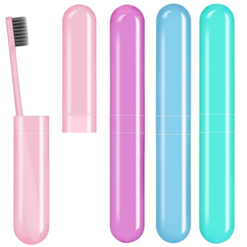 Hooqict 4 Pack Travel Toothbrush Case Portable Travel Toothbrush Holder Plastic Toothbrush Container Protector Cover Case for Traveling, Bathroom, Camping, Home, School, Business - color: Cyan, Pink, Purple, Blue