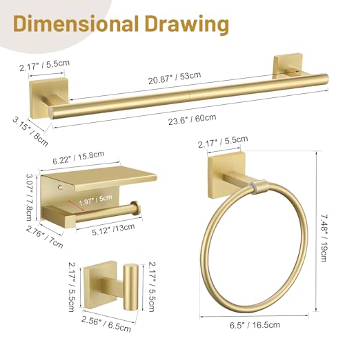 5 Pieces Brushed Gold Bathroom Hardware Set, SUS304 Stainless Steel Bathroom Accessories Set 23.6 inches Towel Bar, Toilet Paper Holder with Shelf, Towel Ring and Two Towel Hooks Wall-Mounted - color: Brushed Gold, size: 5 Pieces - With Shelf
