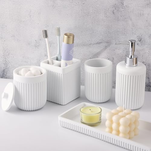 XLHOMO Resin White Bathroom Accessories Set 5 Pcs, Lotion Soap Dispenser, Toothbrush Holder, Bathroom Tumbler, Qtip Holder and Vanity Tray, Bathroom Countertop Organizer Set for Modern Home Apartment - color: White, size: Resin Bath Set
